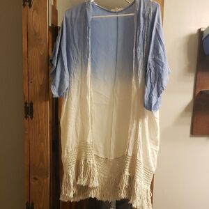 Blue and White Ombre Kimono with Fringe